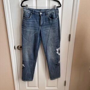 Chico's Floral Embroidered Denim Jeans Boyfriend Ankle‎ Light Wash Size 4R
